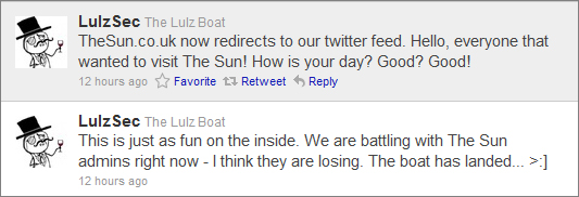 LulzSec hacknuli britský bulvár The Sun. Na Twitteru se chlubili: „jejich admini prohrávají. Naše loď přistává“