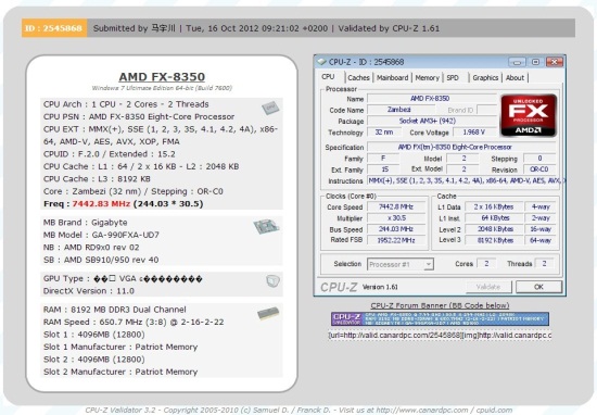 Číňan přetaktoval procesor AMD FX-8350 na frekvenci 7,443 GHz