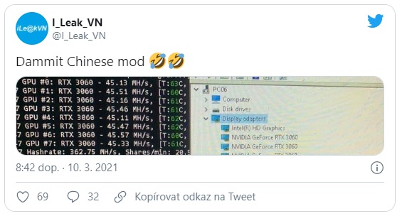Číňanům se podařilo obejít omezení RTX 3060. Těžaři mají k dispozici plný výkon