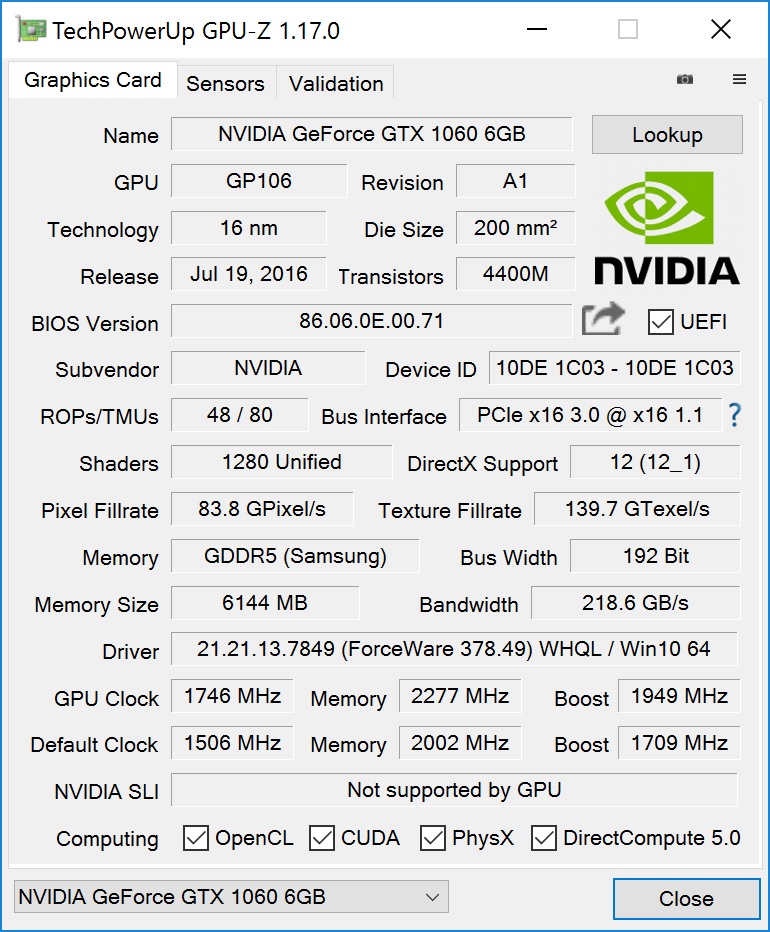  Gainward GTX1060 6GB GPU-z 