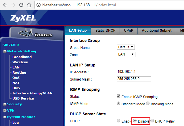 Vypnutí DHCP na modemu