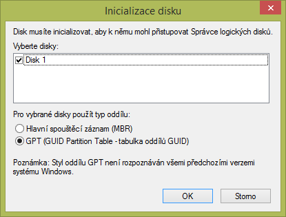 Dialogové okno inicializace disku ve Windows 8.1.