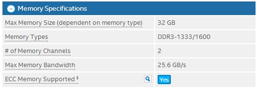 CPU podporuje osazení až 32 GB dual channel pamětí do 1600 MHz 1,5 V