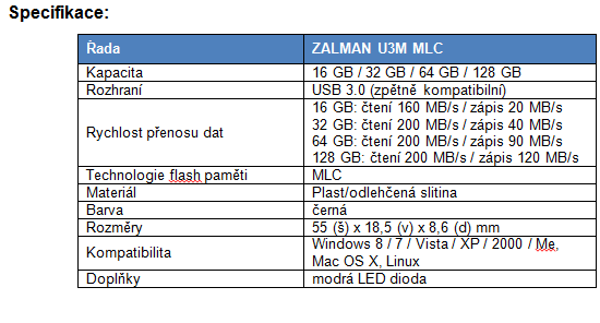  Výkonné USB Flash disky Zalman U3M MLC přicházejí s kapacitou až 128 GB