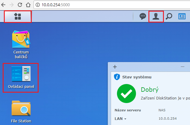 Hlavní obrazovka NAS