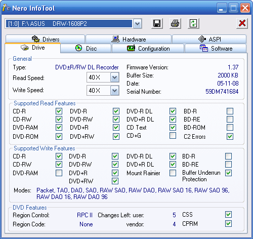 Naučte ASUS DRW-1608P2 zapisovat DVD-RAM