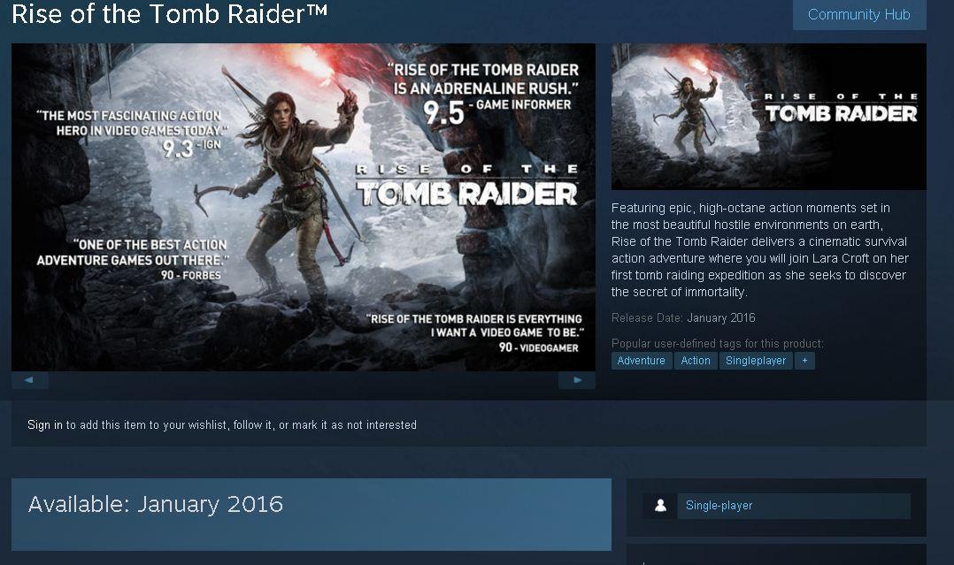 Steam prozradil, že Rise of the Tomb Raider pro PC přijde už v lednu