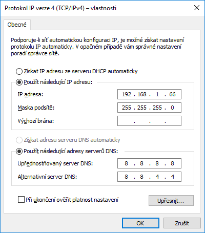 Nastavení fixní IP, někdy je vyžadováno použití DHCP.