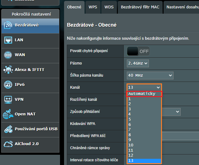 Možné kanály pro 2.4 GHz Wi-Fi