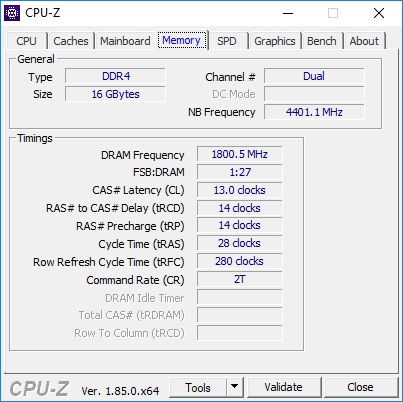 Frekvence 3600 MHz, napětí 1,65 V, časování CL13-14-14-28 2T, tRFC - 280, tCKT - 1, tRRDS - 5 a tFAW 20