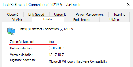Ovladač síťové karty Intel
