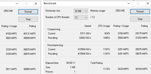 Výkon 7-Zip, nalevo MSI Infinite X, vpravo Core i7-8700K default