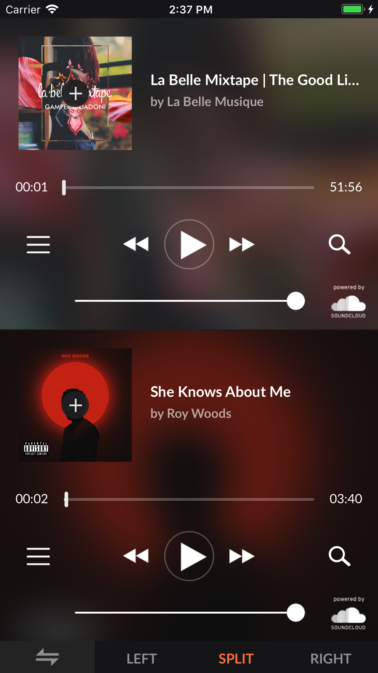 SplitCloud je dvojí přehrávač hudby 2v1 pro iOS