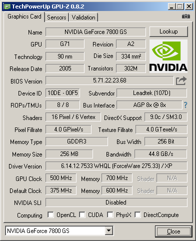  GeForce 7800 GS – GPU-Z chybně detekuje počet ROP a TMU, ve skutečnosti má karta 16 / 16 