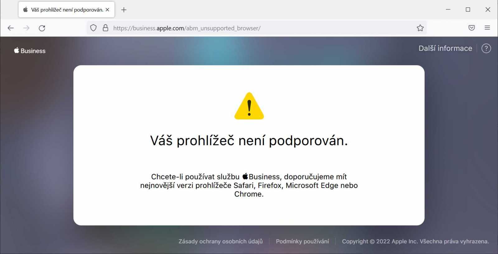 Apple Business web nefunguje ve Firefoxu. 