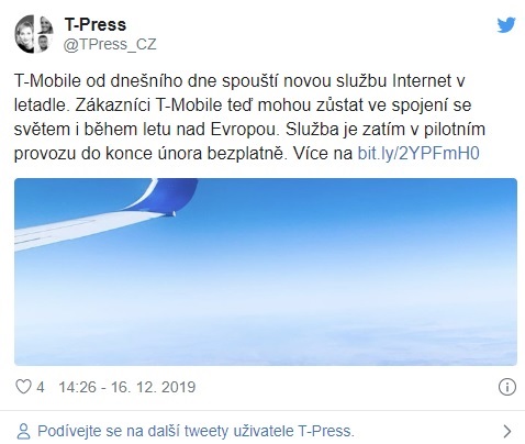 T-Mobile spustil internet v letadlech firmy Lufthansa. Do konce února je služba zdarma