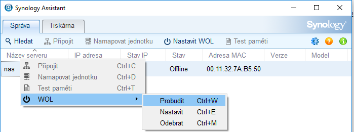 Probuzení zařízení přes Synology Assistant