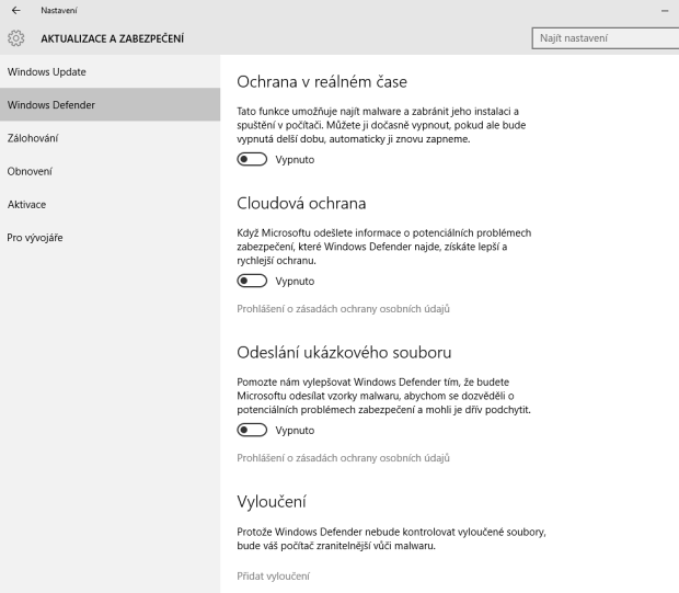 Defender zcela vypnout v nastavení nejde