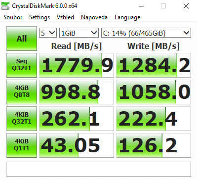 Výkon SSD je zcela adekvátní použitému disku Samsung, byť je rozhraní pouze x2 PCIe