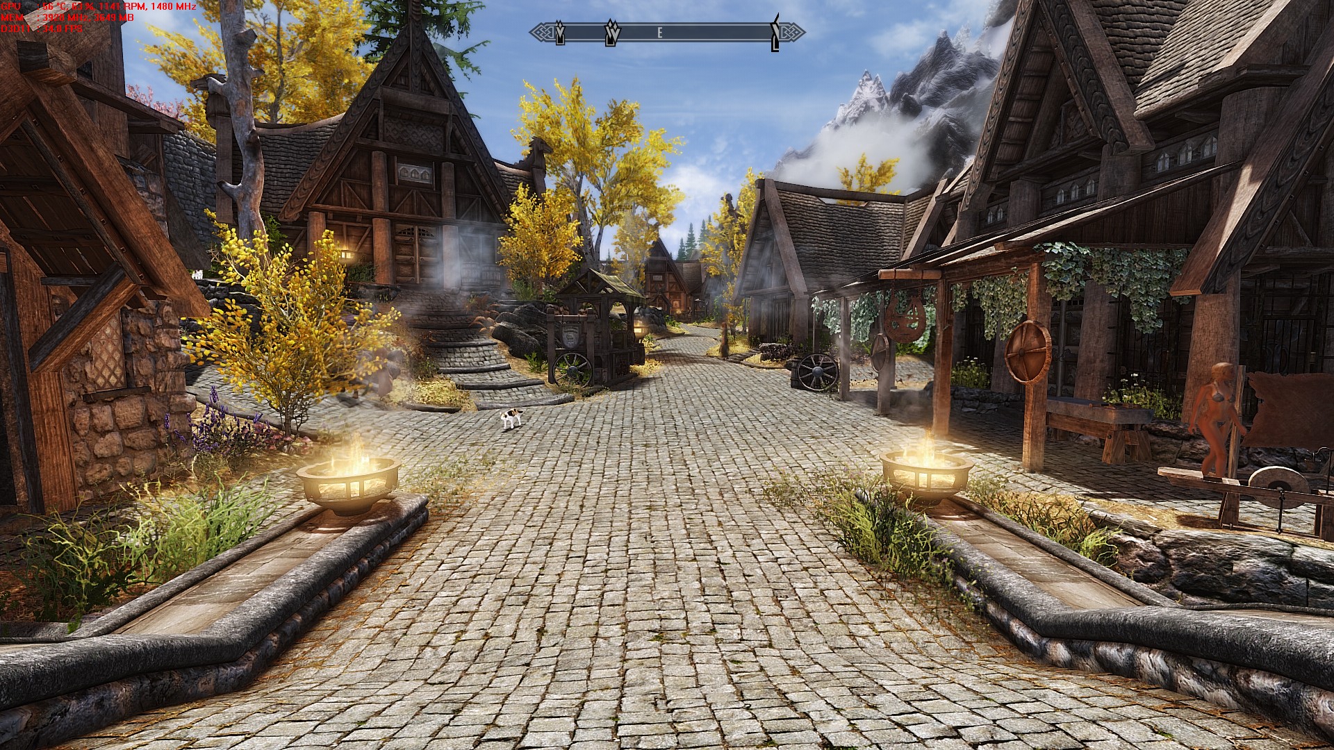 Whiterun, Noble Skyrim. Krásná dlažba, opracované kameny, výstavní dřevo a kovářka v bikinách.