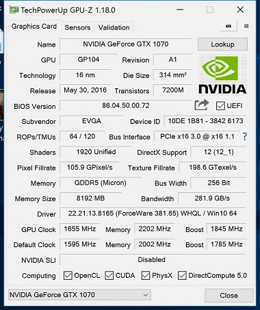 EVGA GTX1070 SC ACX3.0 GPU-z