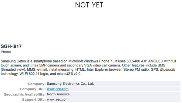 Samsung Cetus (SGH-i917) poběží na Windows Phone 7