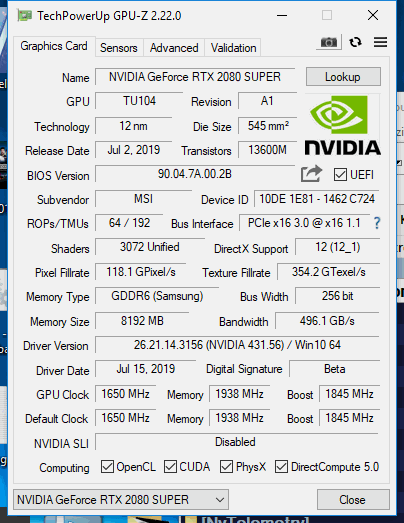 Test Nvidia RTX 2080 Super a MSI RTX 2080 Super Gaming X