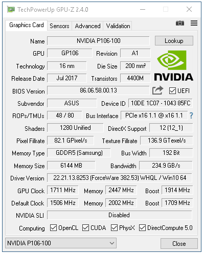 ASUS Mining P106-6G: test těžební karty na kryptoměny