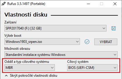 Vytvoření instalace Windows, která startuje v Legacy módu