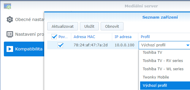 Mediální server - výběr typu zařízení