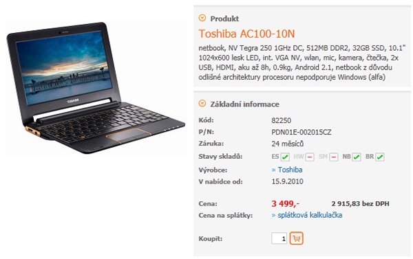 Toshiba AC100 – androidový netbook za fantastickou cenu