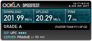 Rychlost internetového připojení testovaného na PC přes ethernetový kabel.
