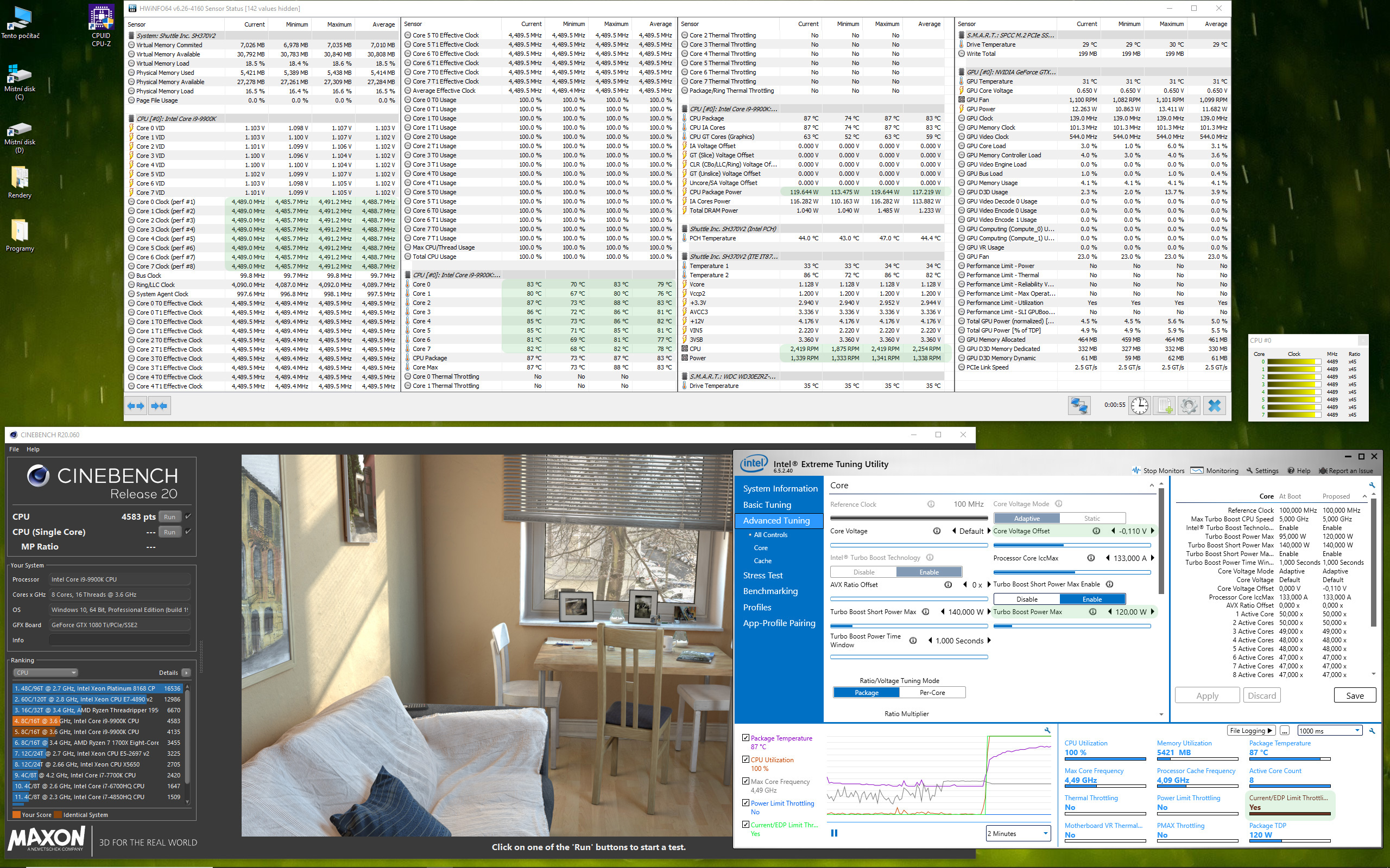 Render č. 8 – Cinebench R20 + XTU – napětí -0,110 V, TDP 120 W, Smart Fan Mode