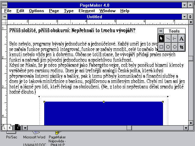 Aldus Pagemaker 4.0 z roku 1991 pod Windows 3.11 pro DTP