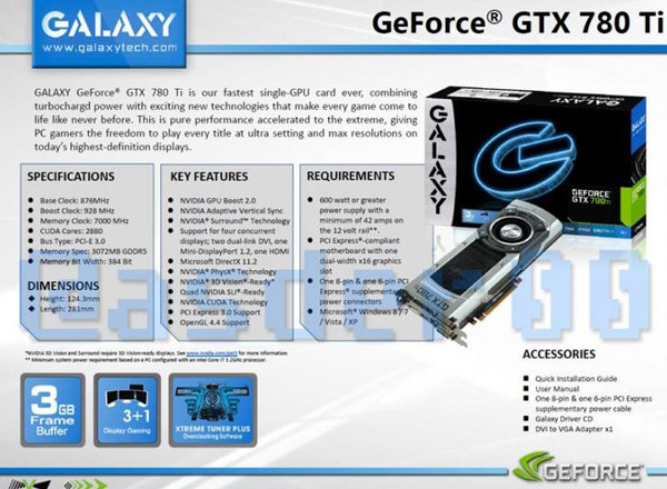 Specifikace GeForce GTX 780 Ti prosákly na veřejnost díky společnosti Galaxy