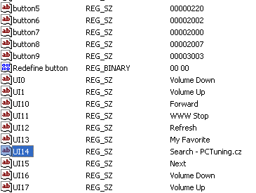 Ukázka  toho, jak lze měnit popis klávesy.Pochopitelně mi jde především o hodnotu s názvem UI14, kde jsem do údajů připsal slovo PCTuning.cz
