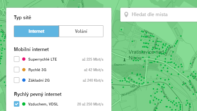 Mapa pokrytí (Všimněte si zaškrtávátek.)