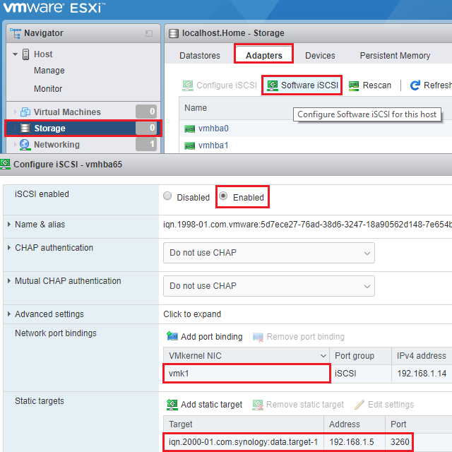 Vytvoření nového iSCSI adaptéru