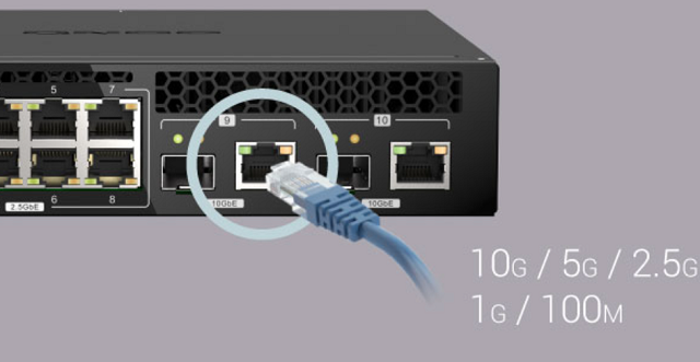 Variabilní rychlosti 10 Gb(GbE), 5 Gb(GbE), 2.5 Gb(GbE), 1 Gb(GbE), 100 Mb/MbE.