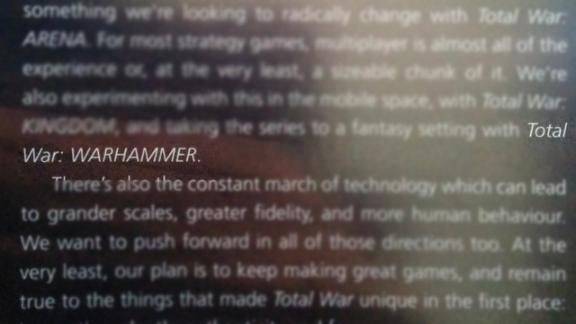 Text z knihy The Art of Total War, obsahujicí zmínku o Total War: WARHAMMER