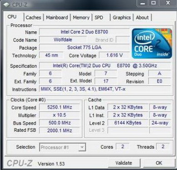 Procesor E8700 se vzduchem na frekvenci 5250 MHz