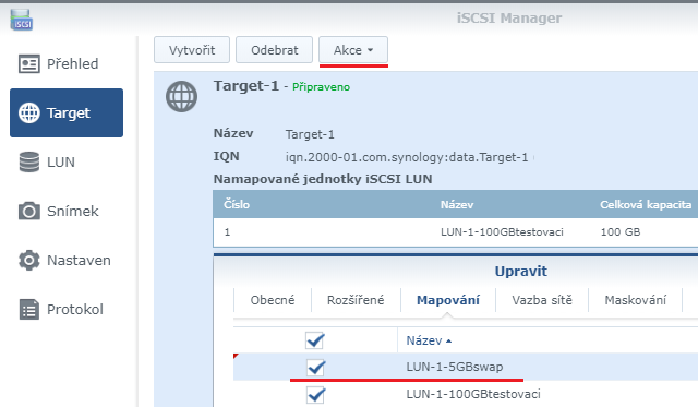 Připojení dalšího LUN k jednomu Targetu