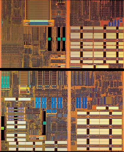  Porovnání procesorů, vlevo Opteron a vpravo Athlon. Jak je vidět rozmístění jednotek zůstalo stejné. Rozdíly jsou až při detailnějším zkoumání.
