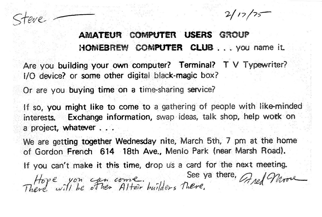 "Invitation to First Homebrew Computer Club meeting" by Gotanero Own work. Licensed under CC BY-SA 3.0 via Wikimedia Commons.