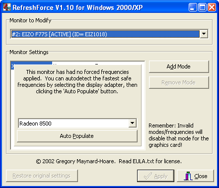 Řešení obnovovacích frekvencí monitorů ve Windows XP/2000