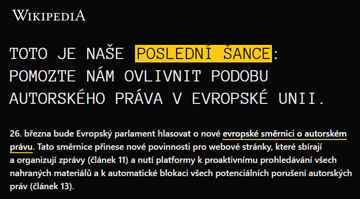 Česká Wikipedie je vypnutá, kvůli protestu o autorském právu