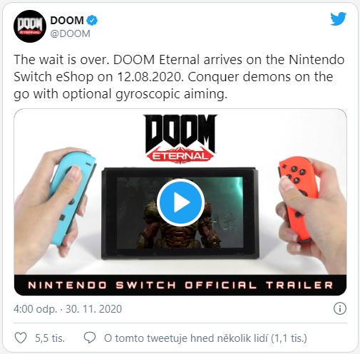 DOOM Eternal pro Nintendo Switch zná datum vydání