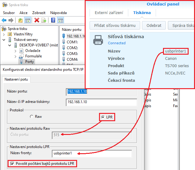 Konfigurace portu pro použití LPR