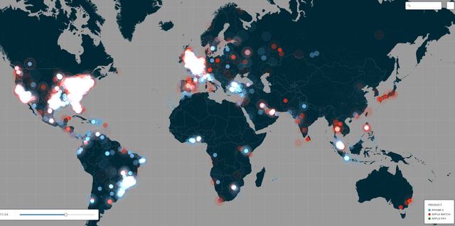 Tweety s geotagem zmiňující produkty Apple 9. září (čas PST), zdroj: CartoDB