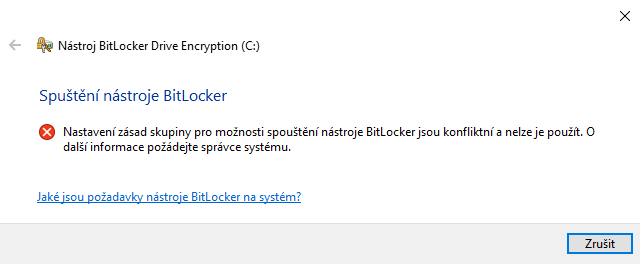 Chyba při pokusu o aktivaci BitLockeru